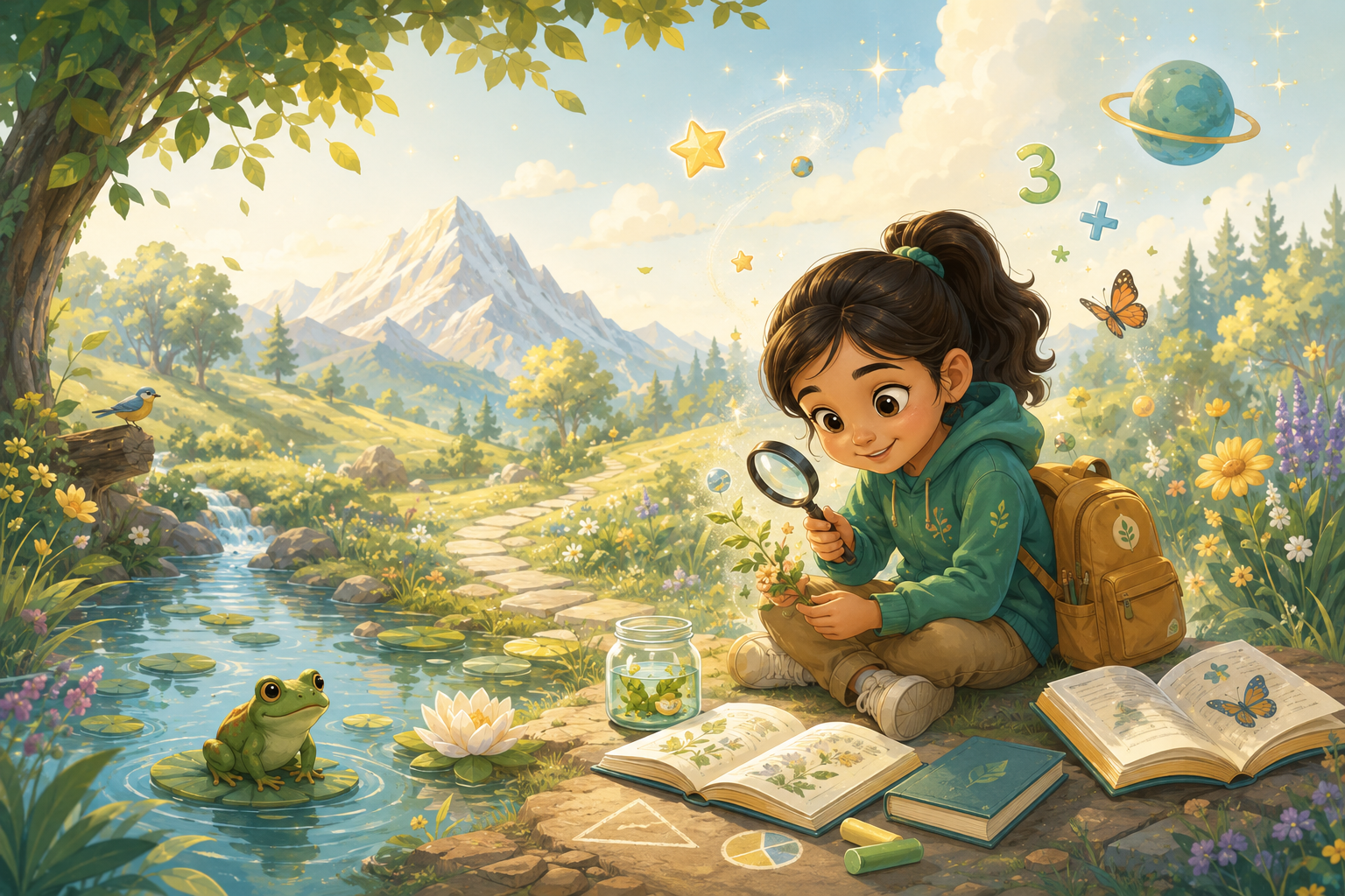 A young learner exploring nature, books, numbers and science in a magical outdoor learning adventure.